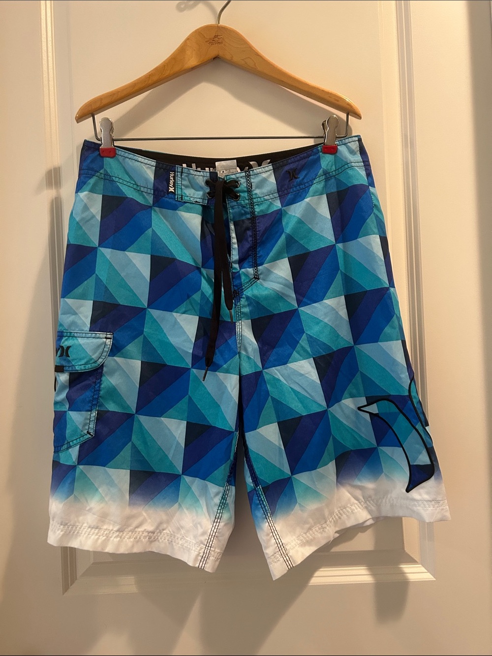 Hurley Blue Geometric swim Boardshorts crisscross drawstring closure size 32W